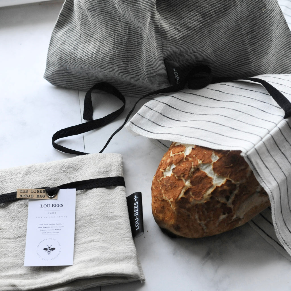 Charcoal Striped Linen Bread Bag