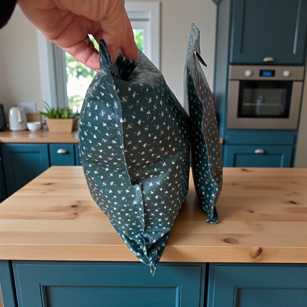 Two wrapped turkeys on a wooden kitchen counter with a person's hand holding one of them.