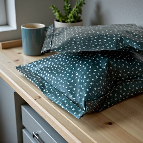Green patterned fabric on a wooden surface with a cup and plant in the background