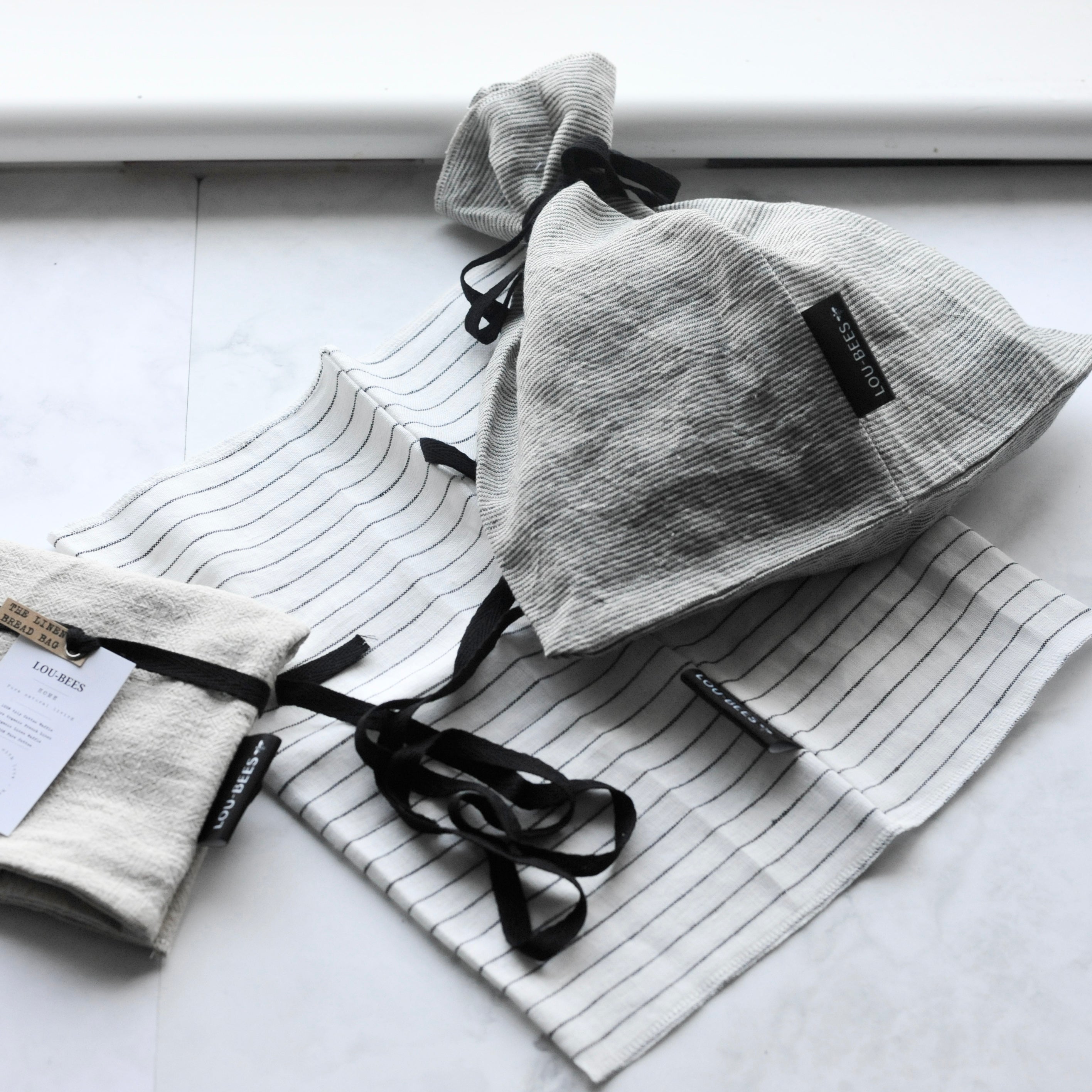 Charcoal Striped Linen Bread Bag